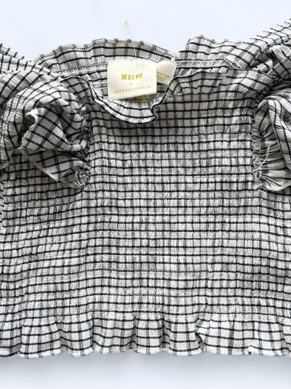 Anthropologie Black & White Grid Smocked Ruffle Top